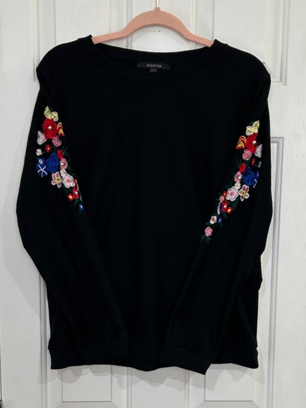 August Silk Black Embroidered Floral Pearl Sleeve Sweatshirt Large L